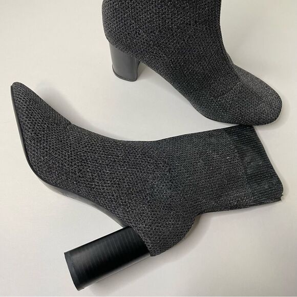 Zara Black Silver Metallic Sock Bootie Chunky Heel Slip On Size 40 - Picture 4 of 12